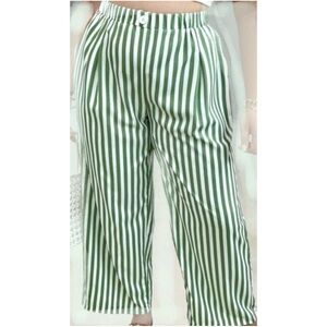 Plus High Waist Green & White Striped Wide Leg Trousers Casual Pants Palazzo